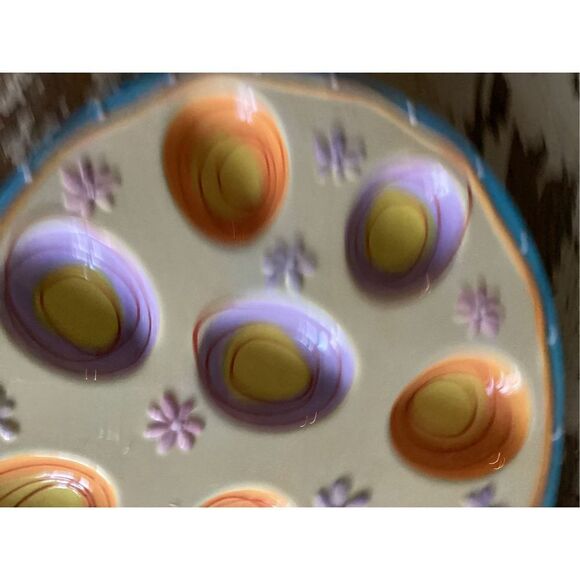 Bella Casa Devil Egg Ceramic Platter Colorful 12”x9” Easter Spring - Picture 3 of 10